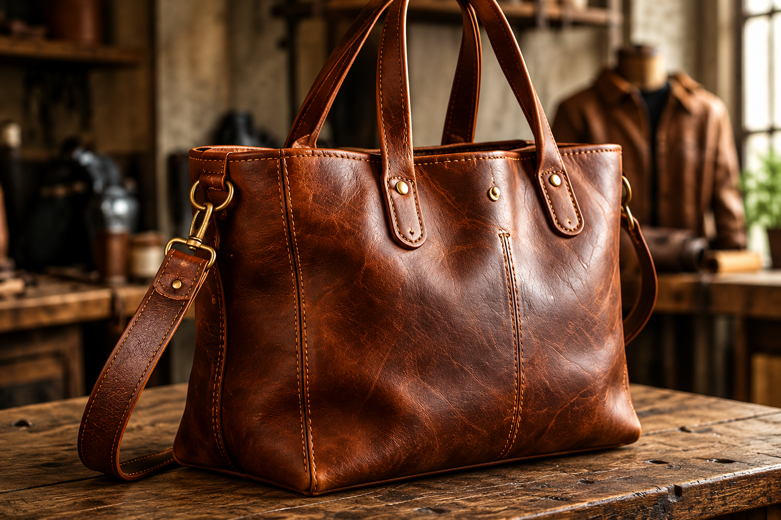 Brown leather tote bag