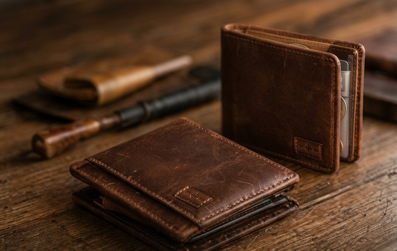 Brown leather wallets on a workbench