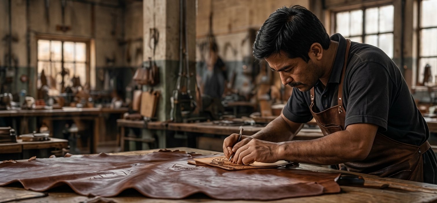 Craftsman working leather at a long workshop table